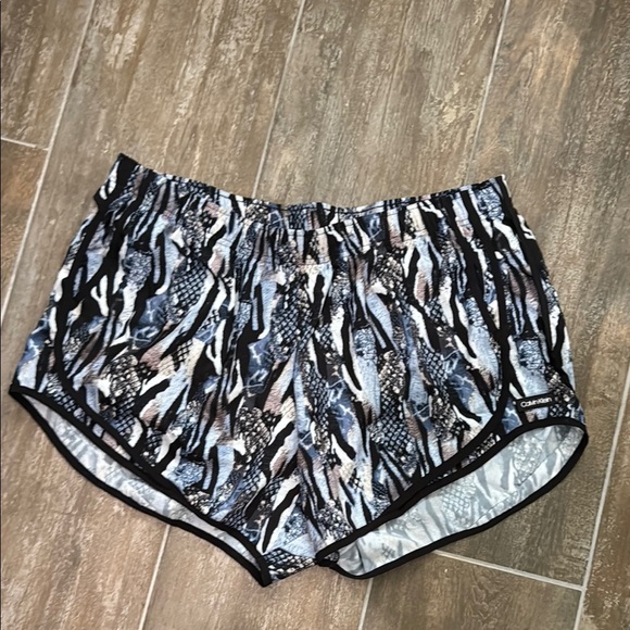 Calvin Klein Women's Black and Blue Patterned Athletic Shorts - Picture 1 of 6